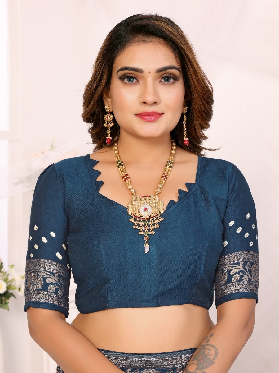 Navy Blue Bandhani Saree with Zari Floral Motifs and Elegant Border - CLOHI