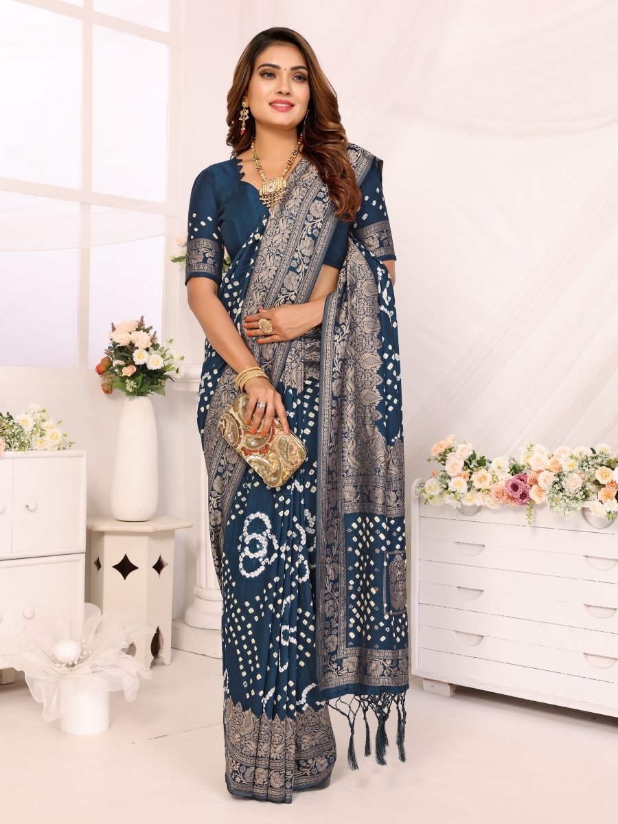 Navy Blue Bandhani Saree with Zari Floral Motifs and Elegant Border - CLOHI