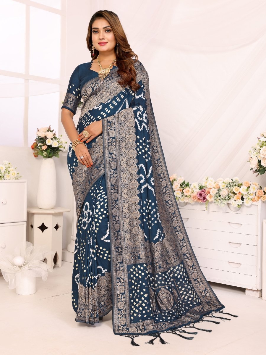 Navy Blue Bandhani Saree with Zari Floral Motifs and Elegant Border - CLOHI