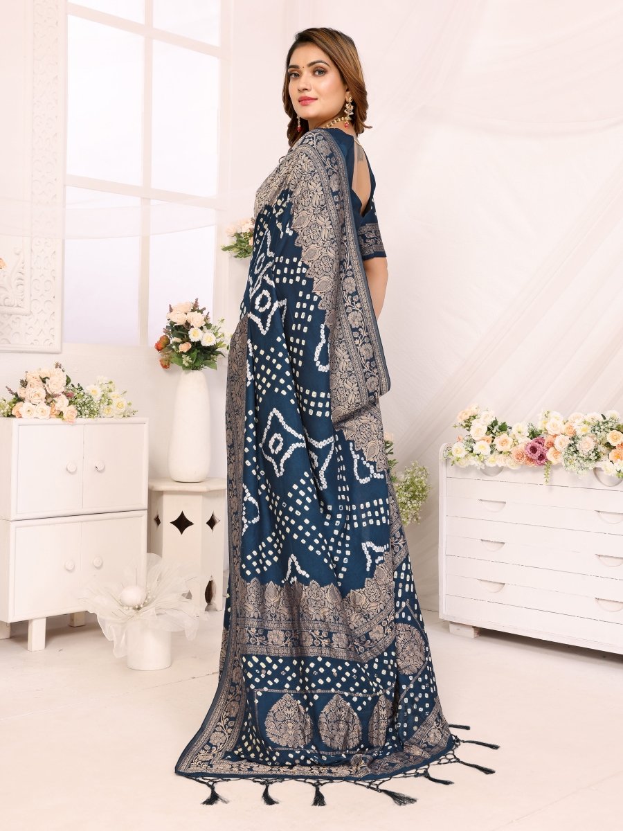 Navy Blue Bandhani Saree with Zari Floral Motifs and Elegant Border - CLOHI
