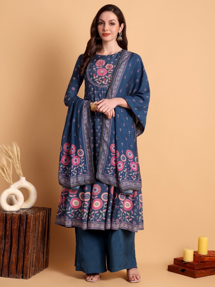 Navy Blue Embroidered Anarkali Kurta Set - CLOHI