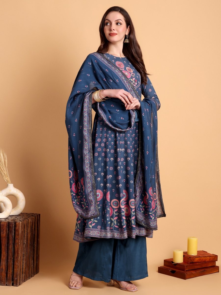 Navy Blue Embroidered Anarkali Kurta Set - CLOHI