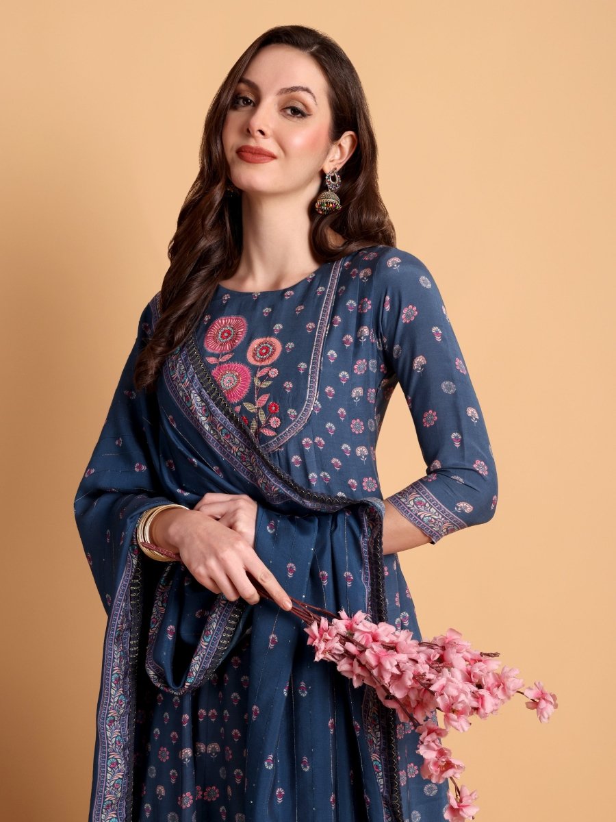 Navy Blue Embroidered Anarkali Kurta Set - CLOHI