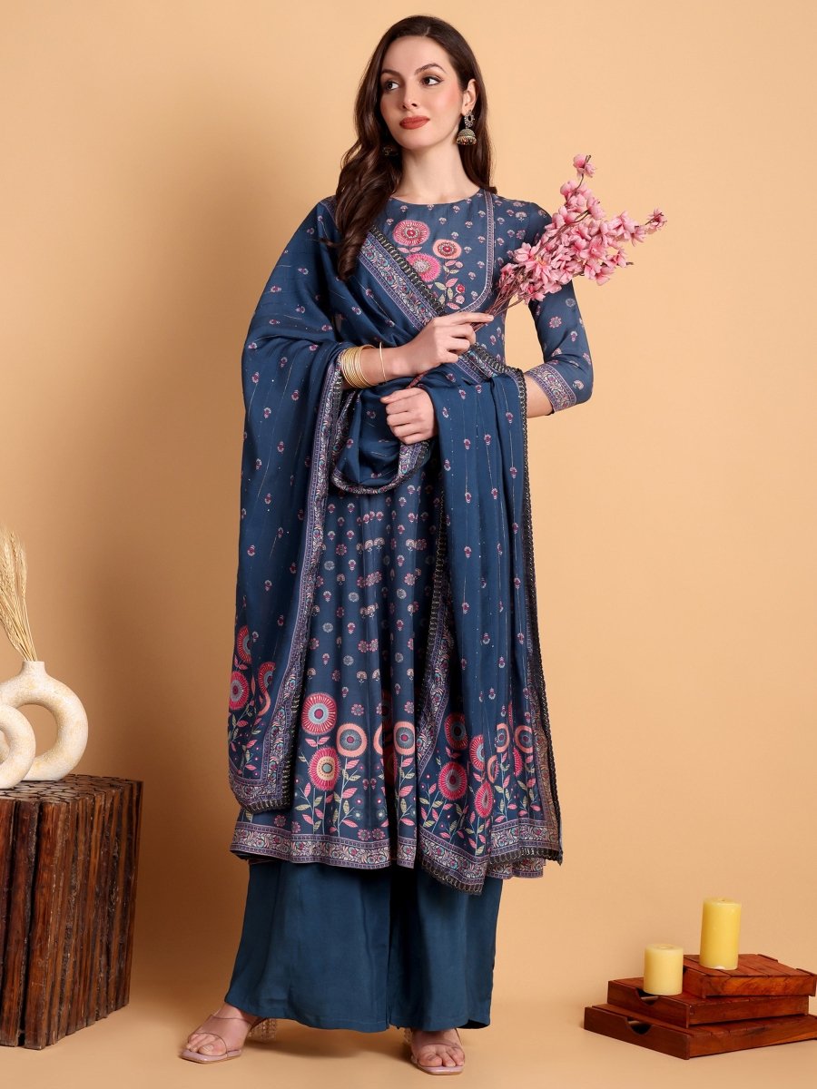 Navy Blue Embroidered Anarkali Kurta Set - CLOHI