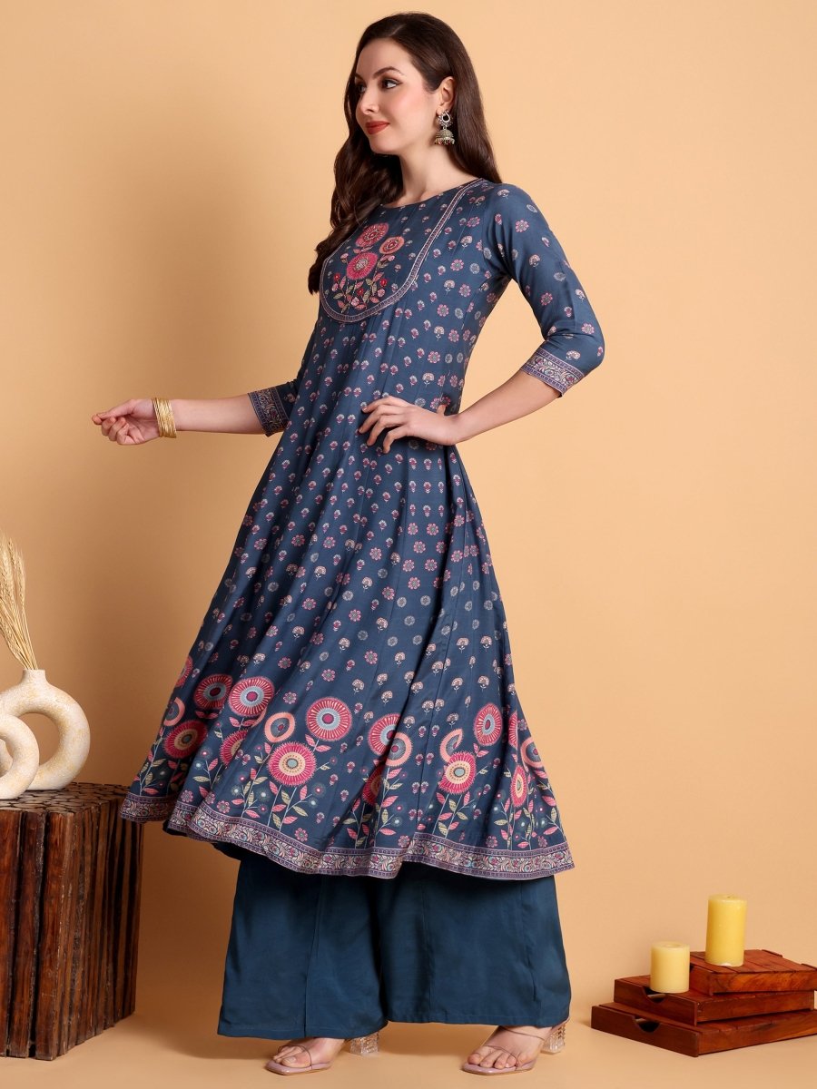 Navy Blue Embroidered Anarkali Kurta Set - CLOHI