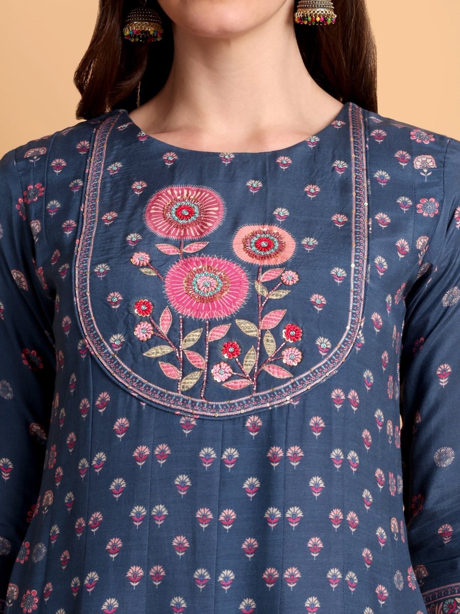 Navy Blue Embroidered Anarkali Kurta Set - CLOHI