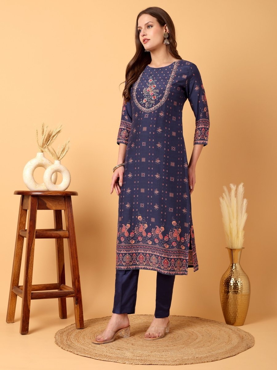 Navy Blue Floral Embroidered Kurta Set with Dupatta - CLOHI