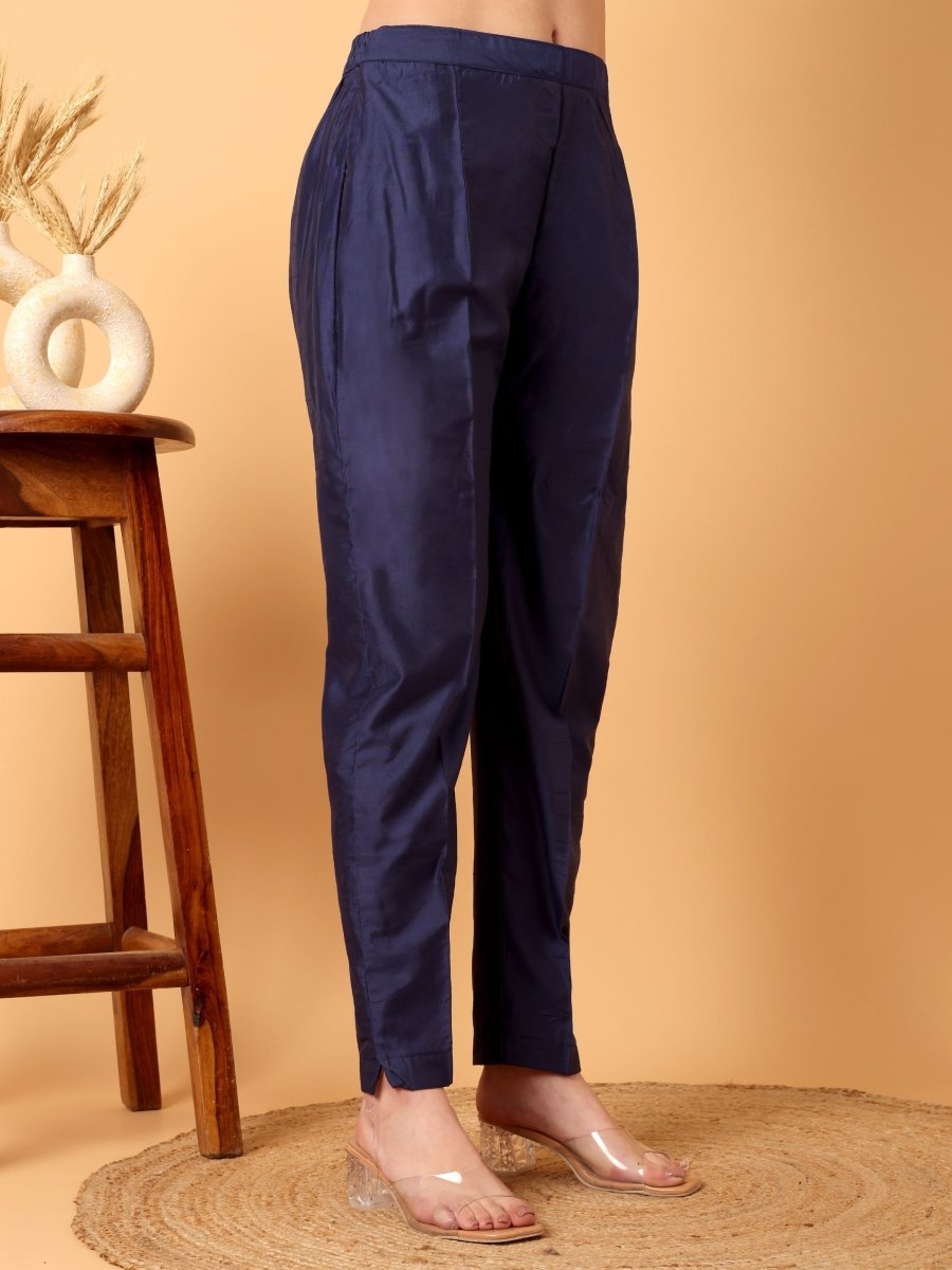 Navy Blue Floral Embroidered Kurta Set with Dupatta - CLOHI