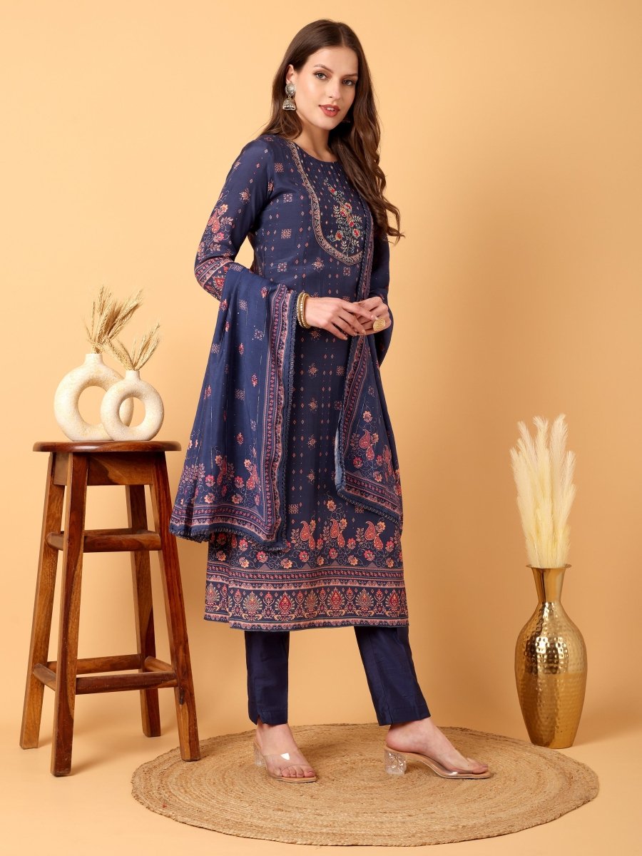 Navy Blue Floral Embroidered Kurta Set with Dupatta - CLOHI