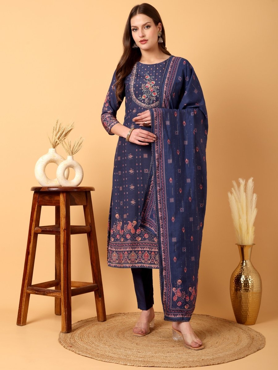 Navy Blue Floral Embroidered Kurta Set with Dupatta - CLOHI