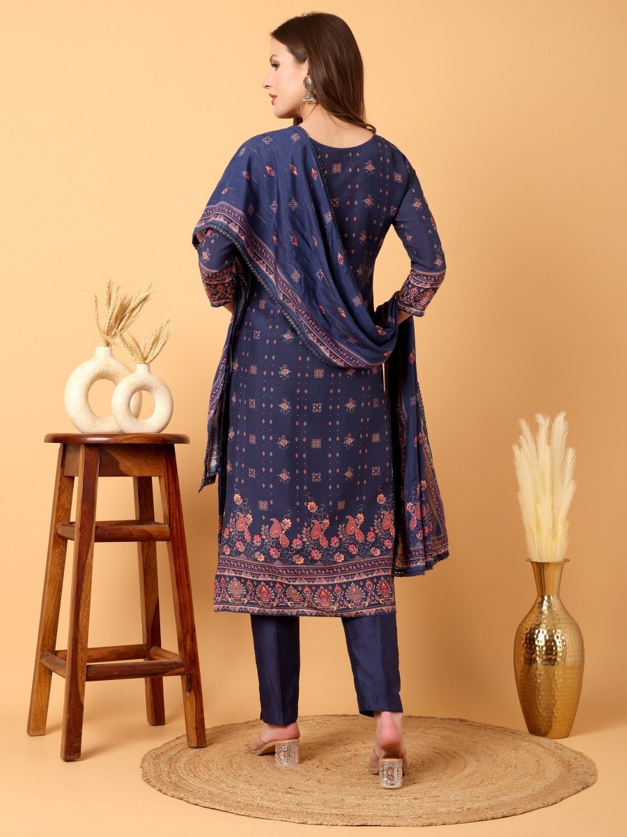 Navy Blue Floral Embroidered Kurta Set with Dupatta - CLOHI