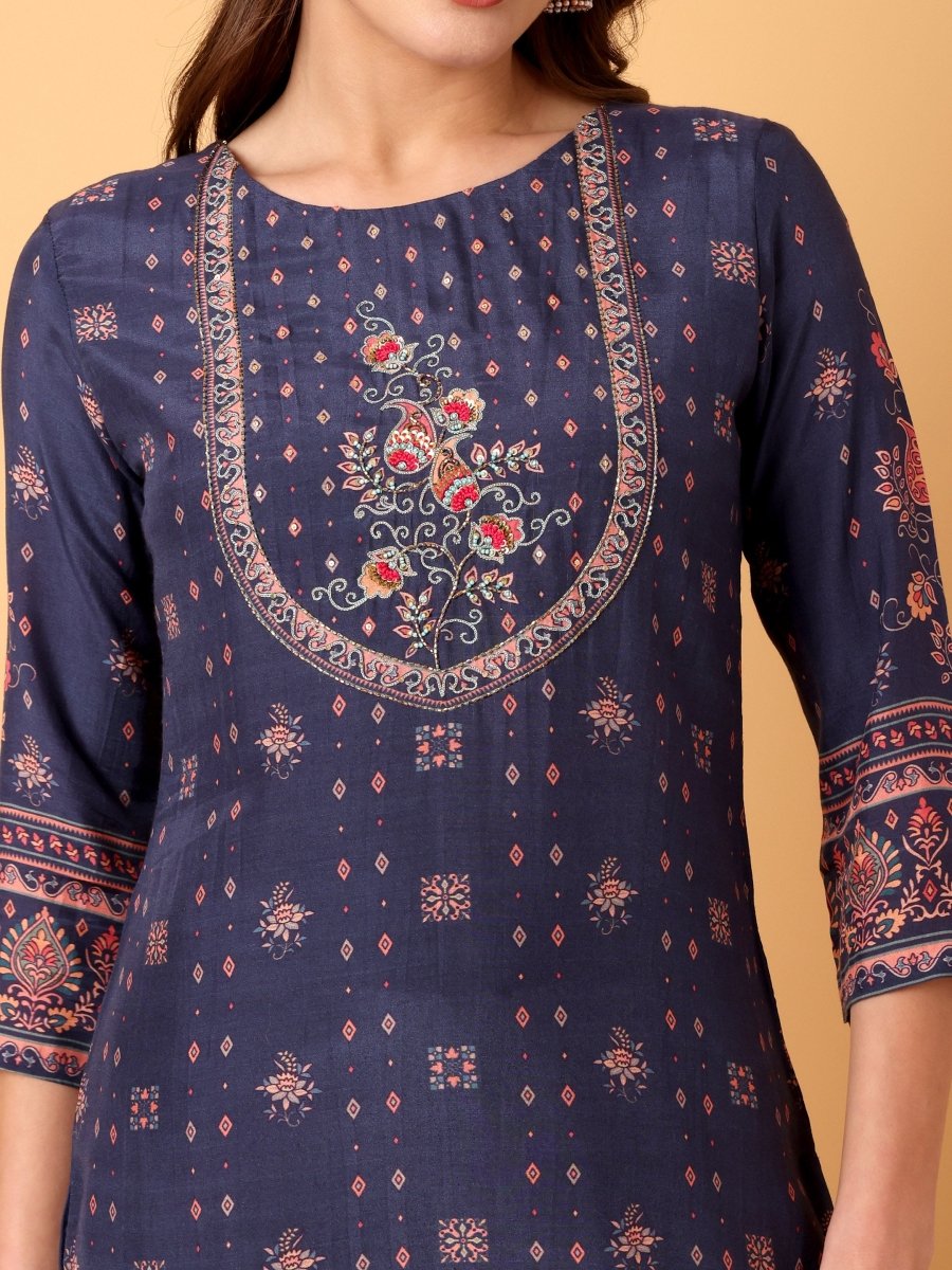 Navy Blue Floral Embroidered Kurta Set with Dupatta - CLOHI
