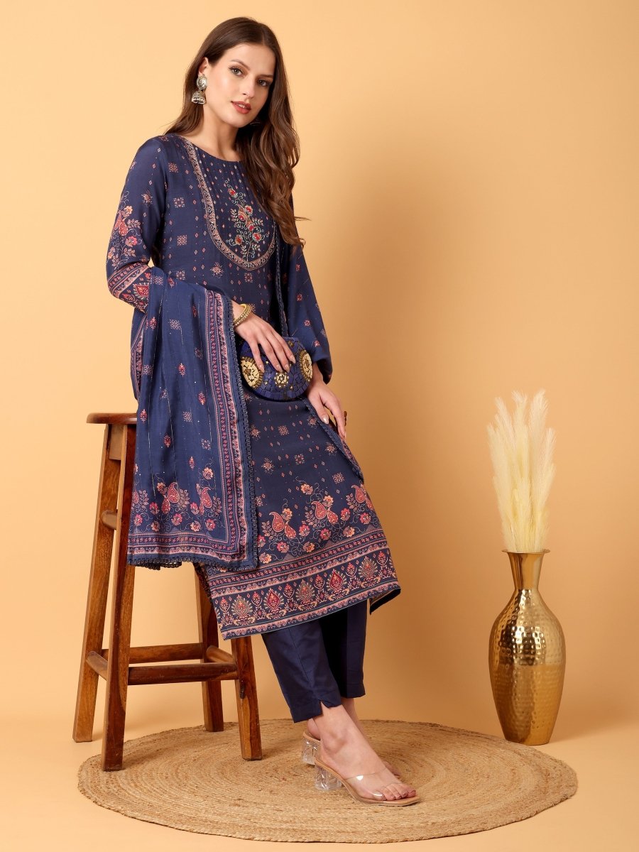 Navy Blue Floral Embroidered Kurta Set with Dupatta - CLOHI