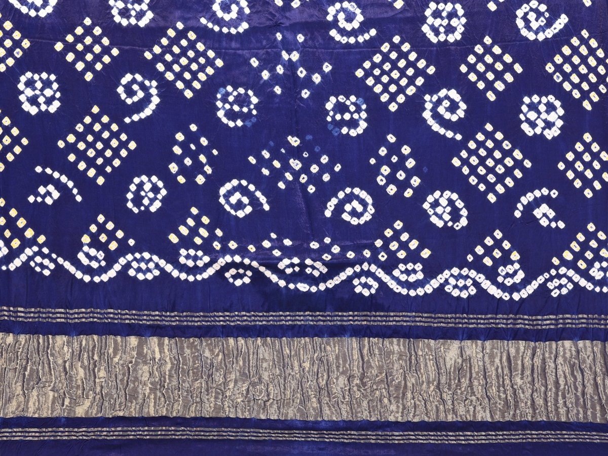 Navy Blue Jacquard Zari Saree with Hand Bandhani & Lagdi Patta Border - CLOHI