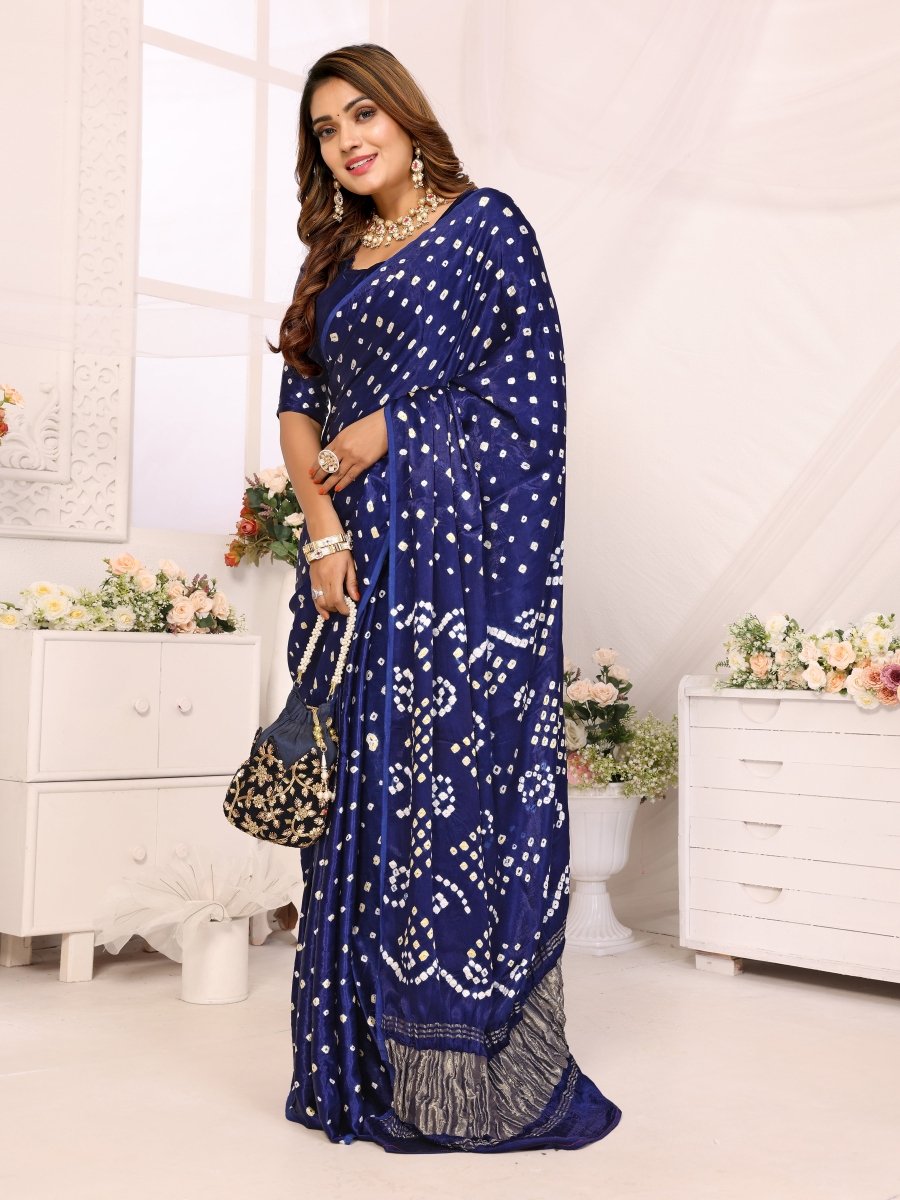 Navy Blue Jacquard Zari Saree with Hand Bandhani & Lagdi Patta Border - CLOHI