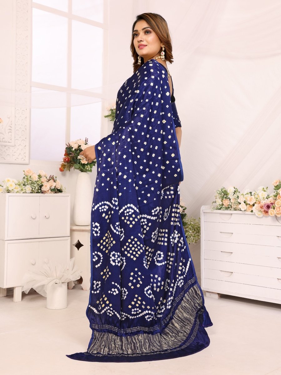 Navy Blue Jacquard Zari Saree with Hand Bandhani & Lagdi Patta Border - CLOHI