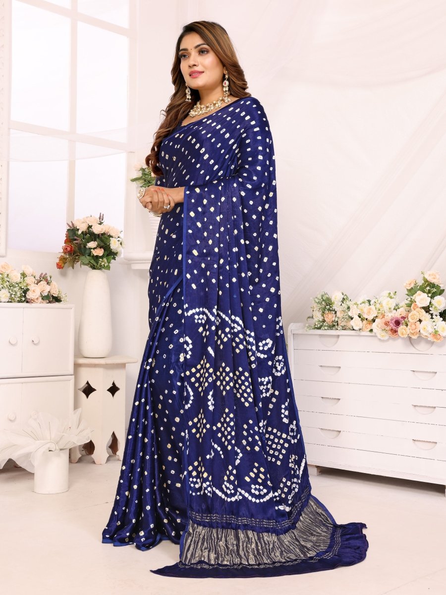 Navy Blue Jacquard Zari Saree with Hand Bandhani & Lagdi Patta Border - CLOHI