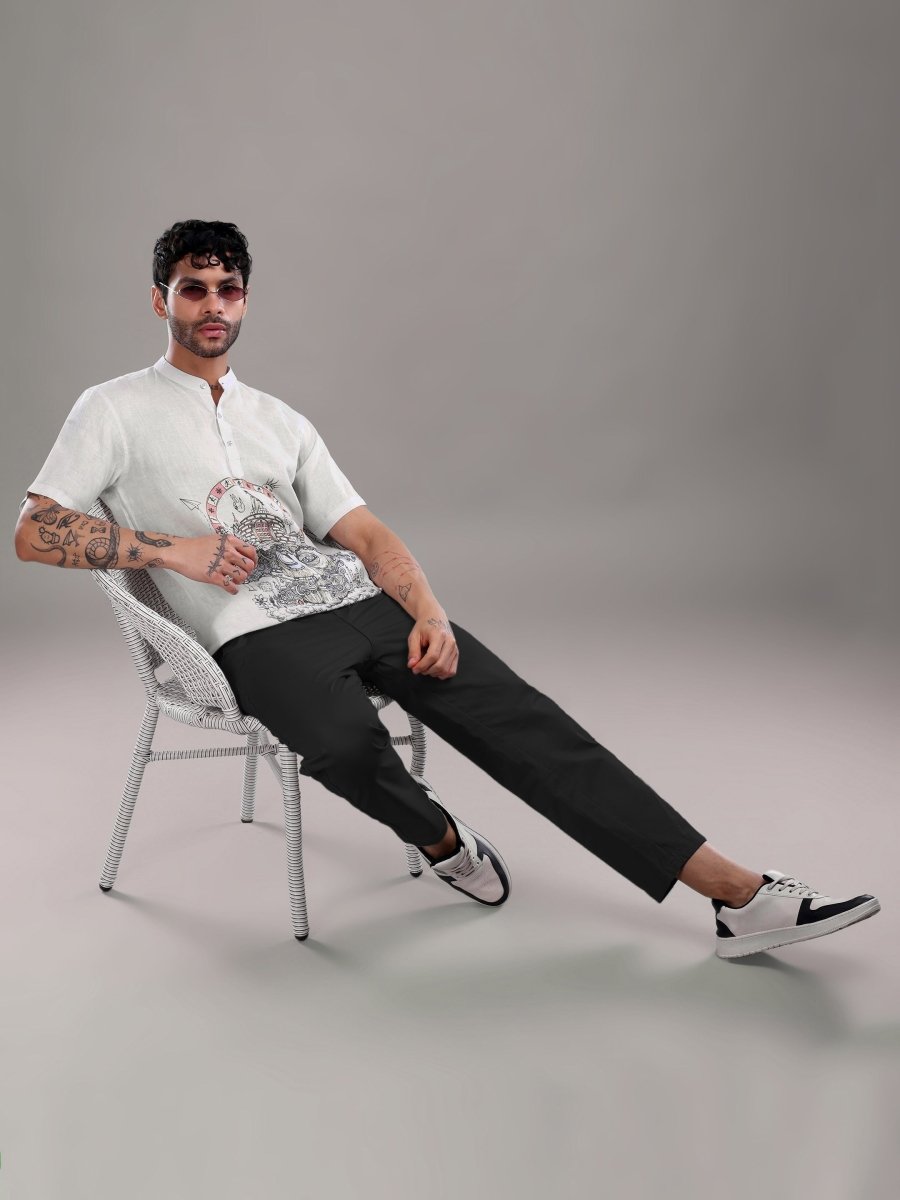 Off - White Pure Linen Shirt with Surreal Face Art Print & Mandarin Collar - CLOHI