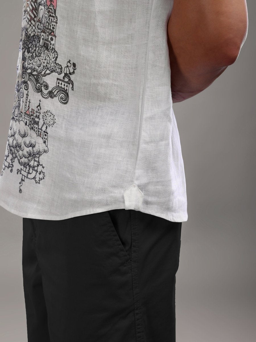 Off - White Pure Linen Shirt with Surreal Face Art Print & Mandarin Collar - CLOHI