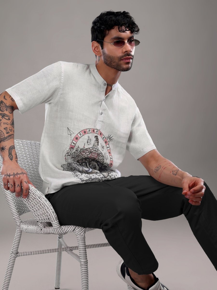 Off - White Pure Linen Shirt with Surreal Face Art Print & Mandarin Collar - CLOHI