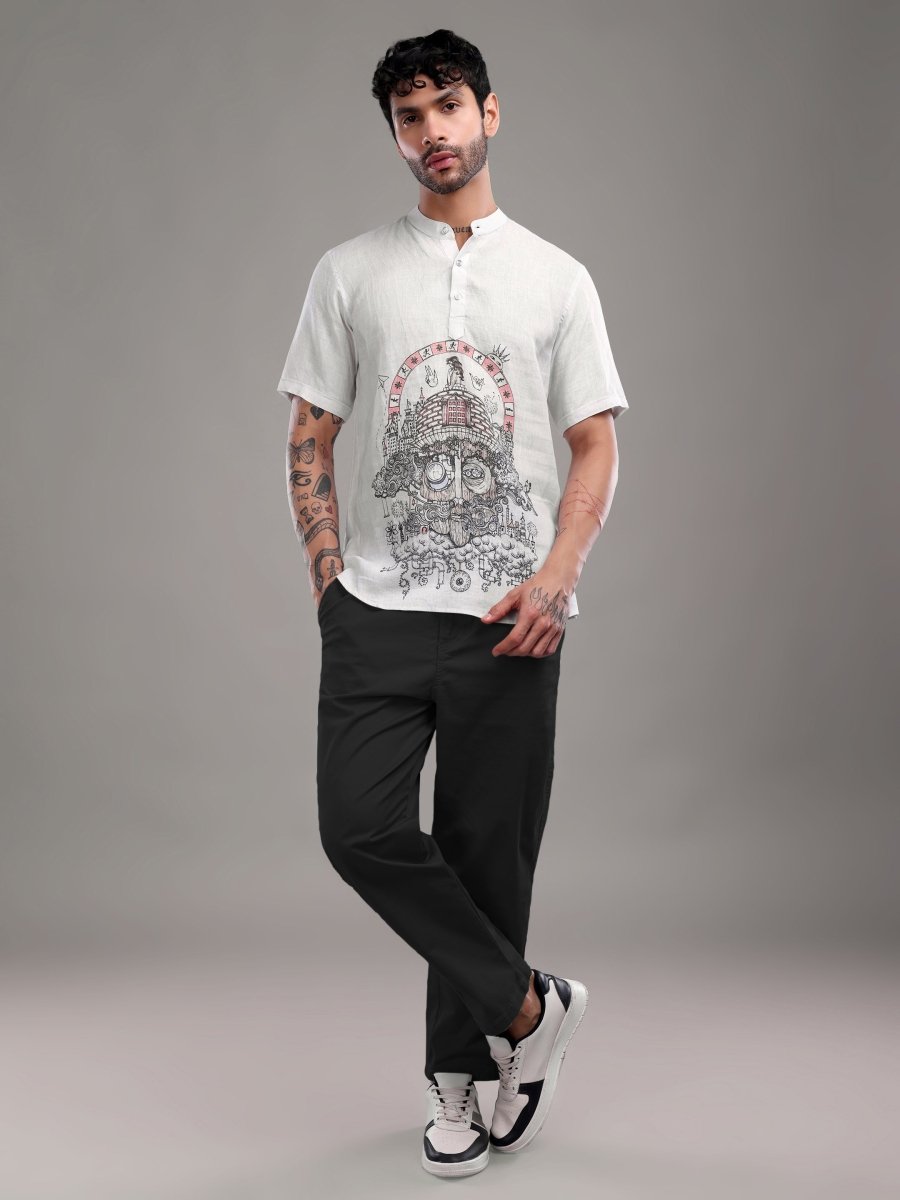 Off - White Pure Linen Shirt with Surreal Face Art Print & Mandarin Collar - CLOHI