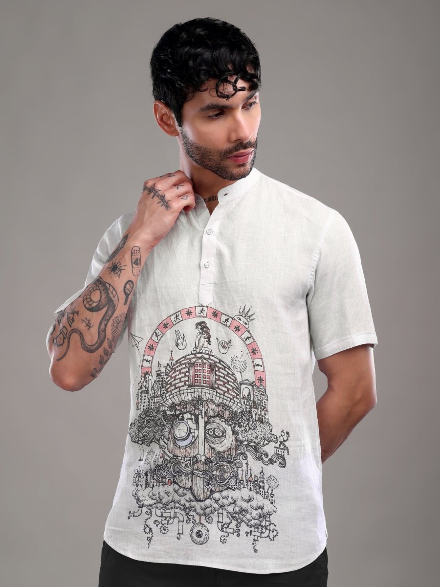 Off - White Pure Linen Shirt with Surreal Face Art Print & Mandarin Collar - CLOHI