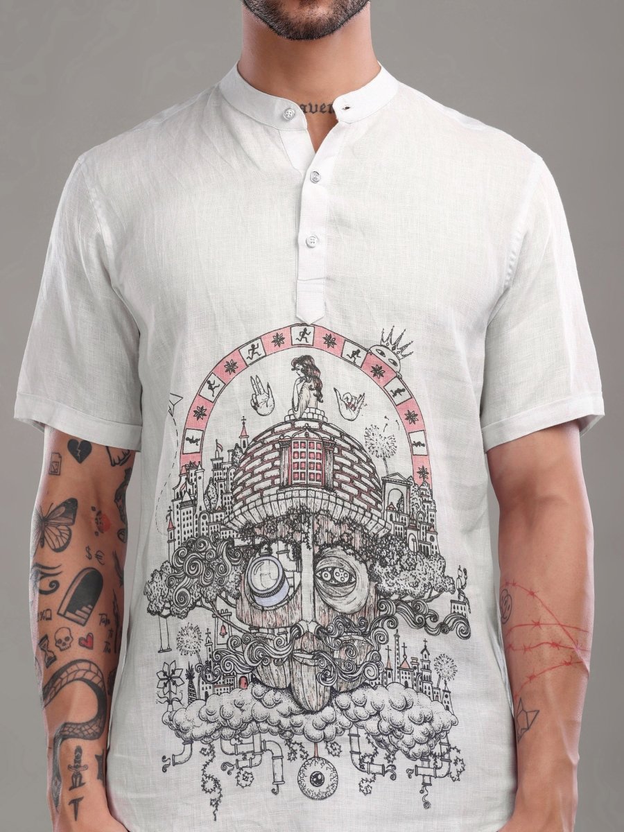 Off - White Pure Linen Shirt with Surreal Face Art Print & Mandarin Collar - CLOHI