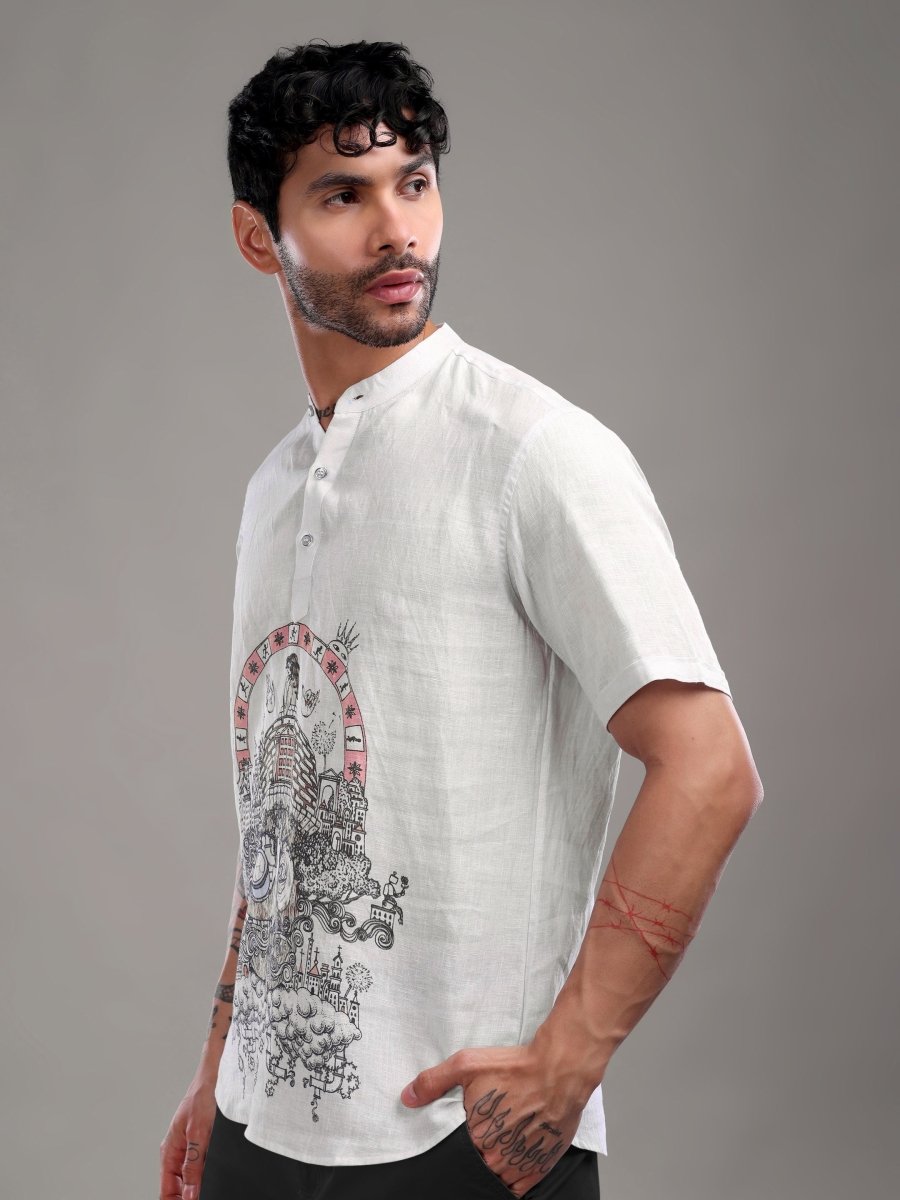 Off - White Pure Linen Shirt with Surreal Face Art Print & Mandarin Collar - CLOHI