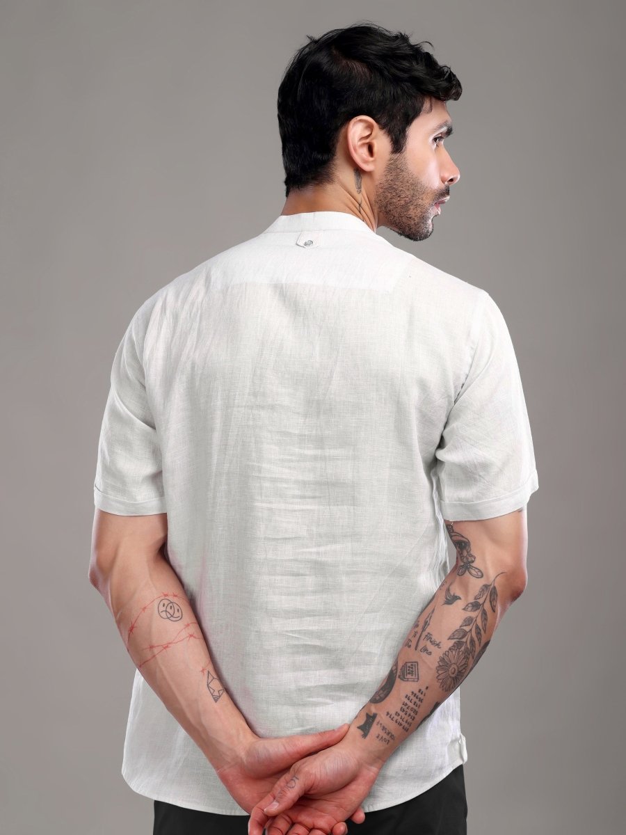 Off - White Pure Linen Shirt with Surreal Face Art Print & Mandarin Collar - CLOHI