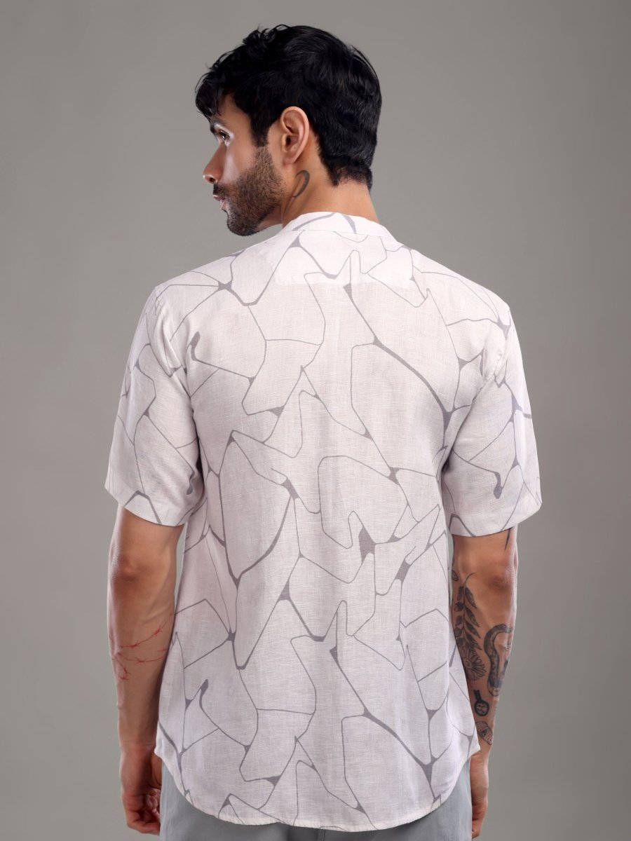 Off - White Pure Linen Short Shirt with Abstract Grey Line Art - CLOHI