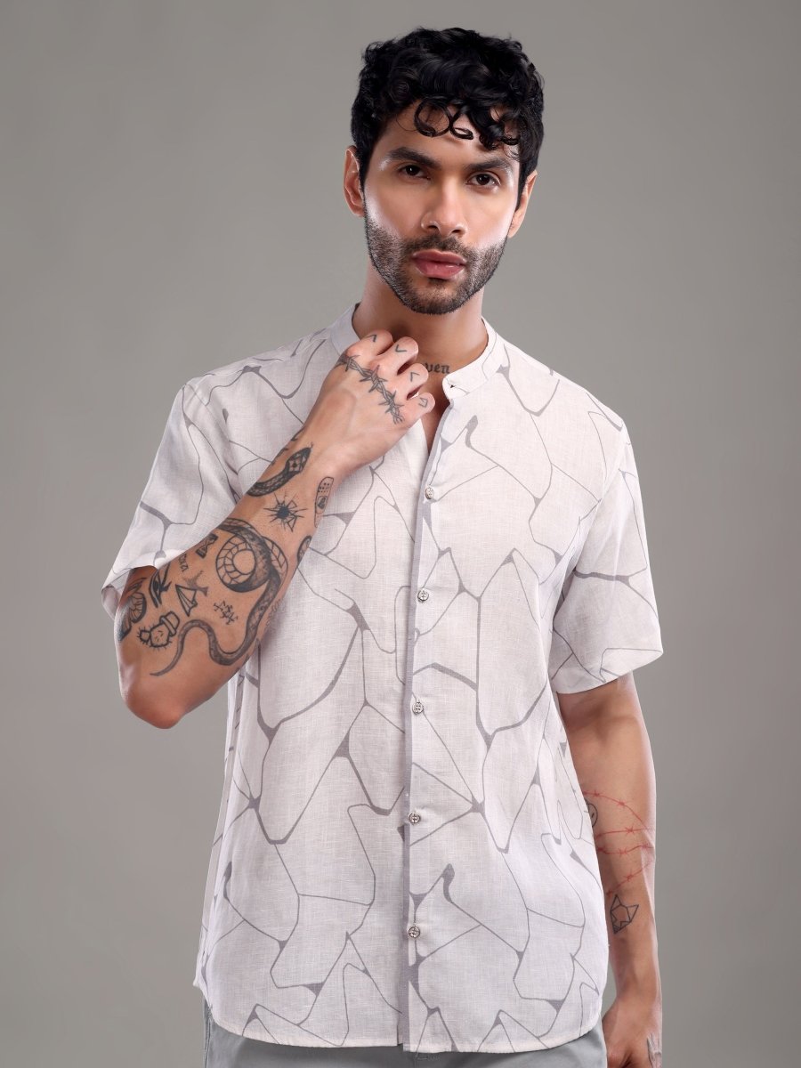 Off - White Pure Linen Short Shirt with Abstract Grey Line Art - CLOHI