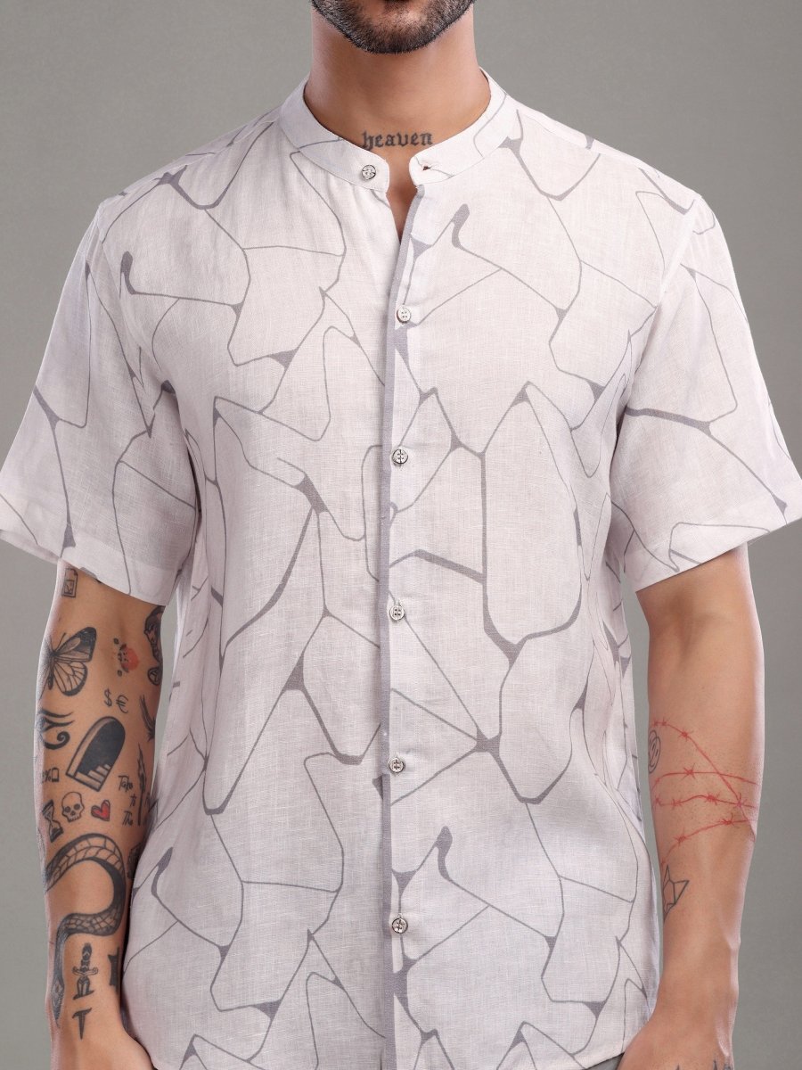 Off - White Pure Linen Short Shirt with Abstract Grey Line Art - CLOHI