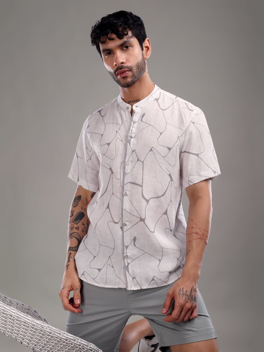 Off - White Pure Linen Short Shirt with Abstract Grey Line Art - CLOHI