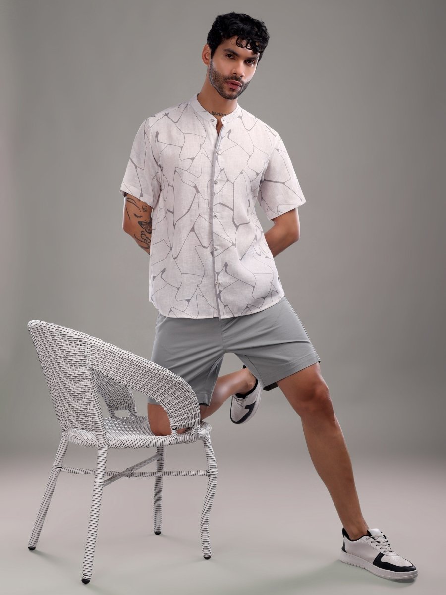 Off - White Pure Linen Short Shirt with Abstract Grey Line Art - CLOHI
