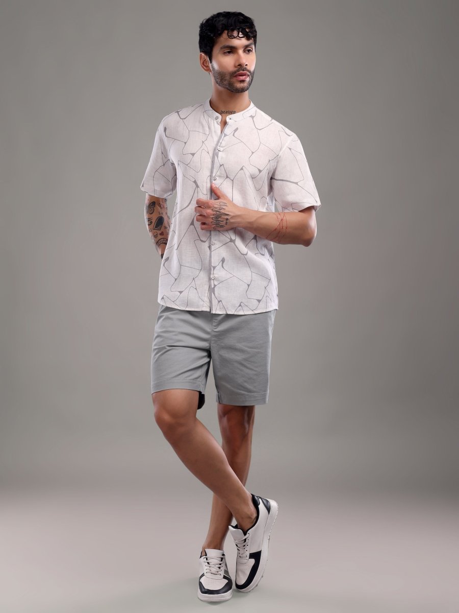 Off - White Pure Linen Short Shirt with Abstract Grey Line Art - CLOHI