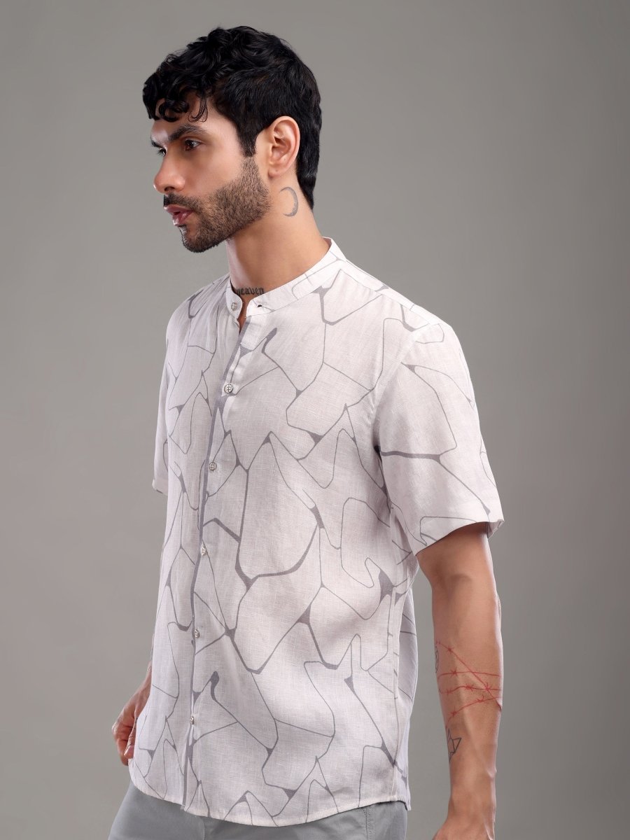Off - White Pure Linen Short Shirt with Abstract Grey Line Art - CLOHI
