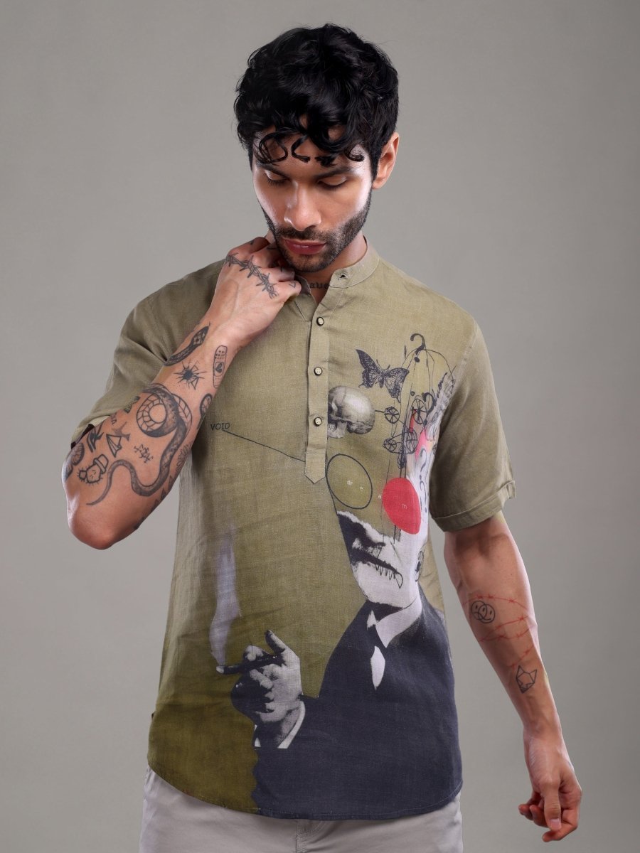 Olive Green Abstract Artistic Print Linen Short Kurta Shirt - CLOHI