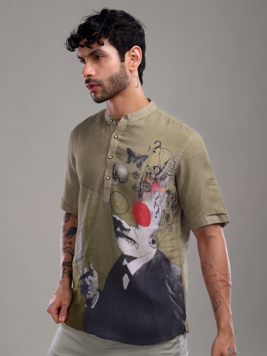 Olive Green Abstract Artistic Print Linen Short Kurta Shirt - CLOHI