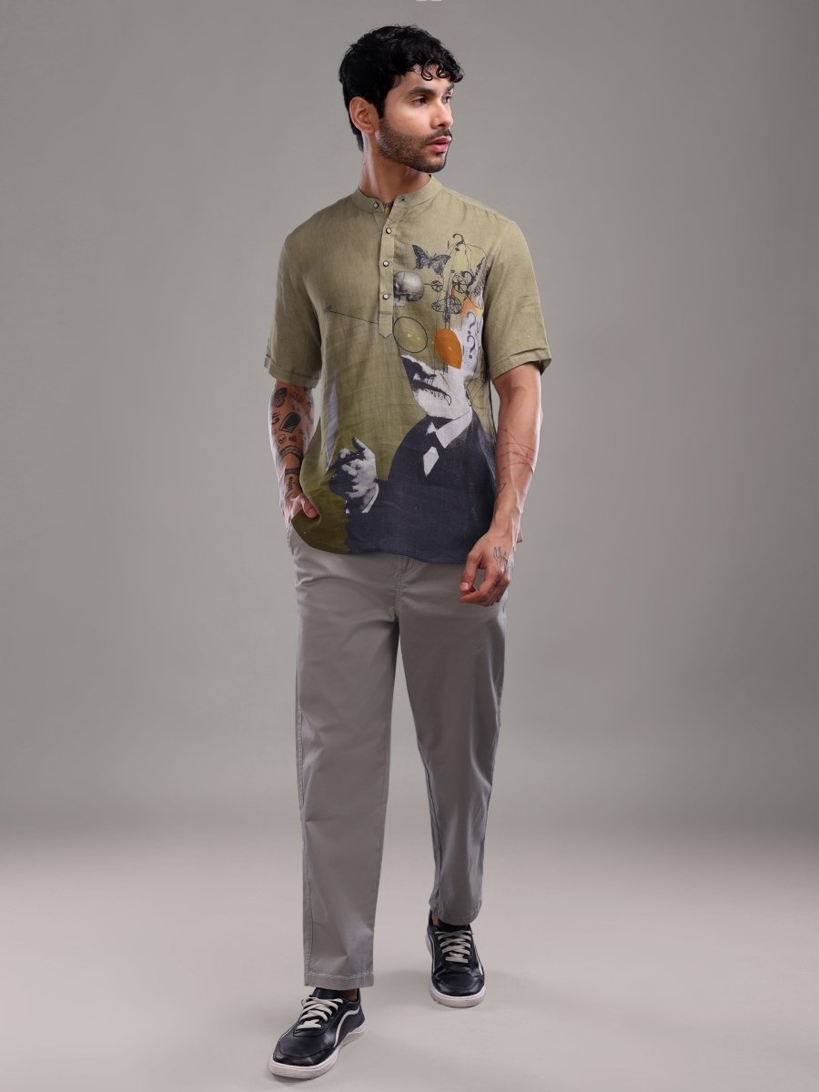 Olive Green Abstract Artistic Print Linen Short Kurta Shirt - CLOHI