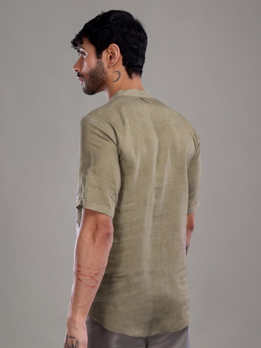 Olive Green Abstract Artistic Print Linen Short Kurta Shirt - CLOHI