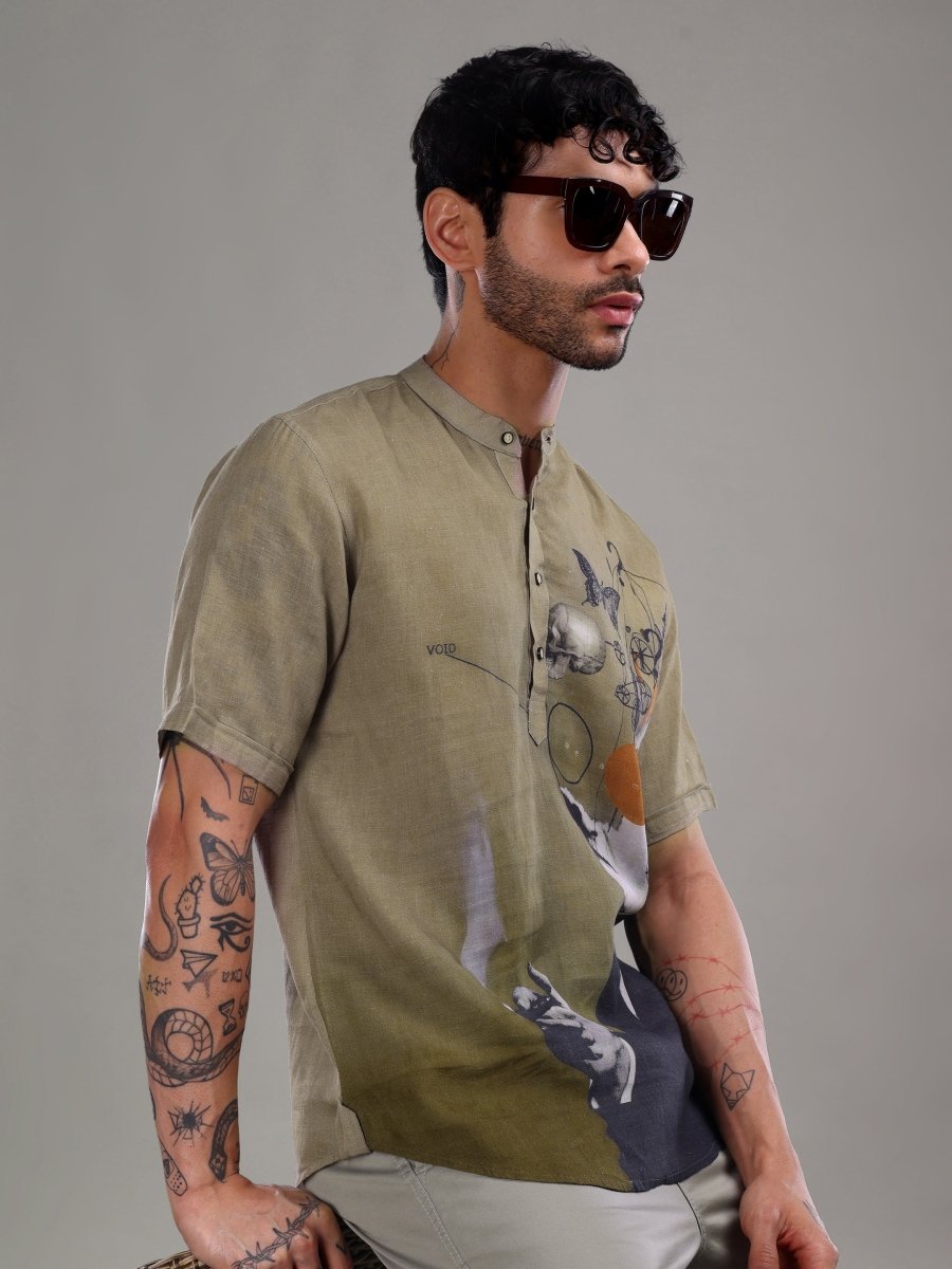 Olive Green Abstract Artistic Print Linen Short Kurta Shirt - CLOHI