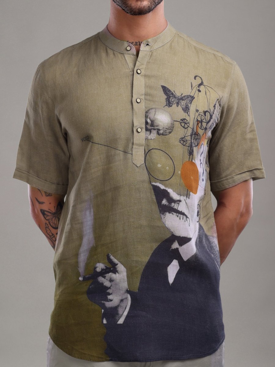 Olive Green Abstract Artistic Print Linen Short Kurta Shirt - CLOHI