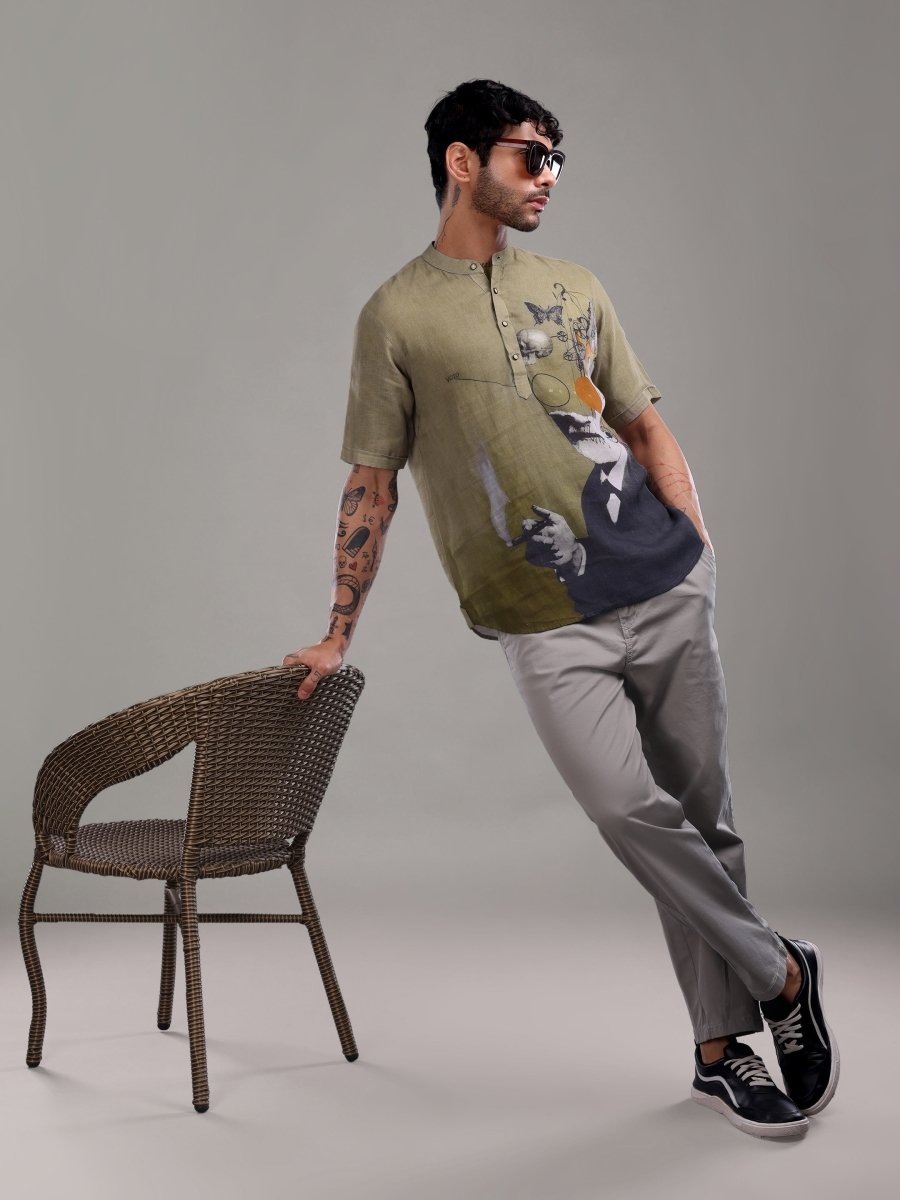 Olive Green Abstract Artistic Print Linen Short Kurta Shirt - CLOHI