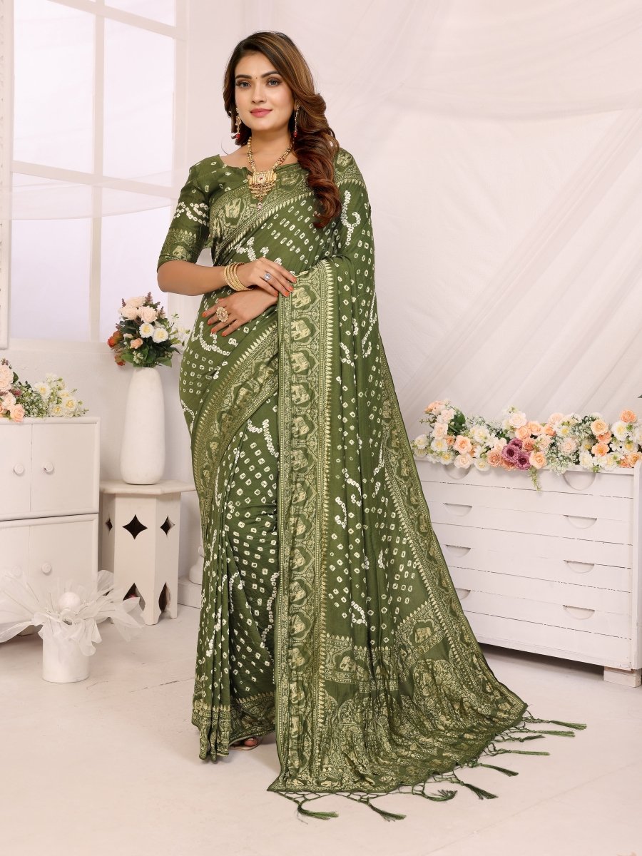 Olive Green Bandhani Saree with Zari Elephant Motifs & Mughal Floral Jaal - CLOHI