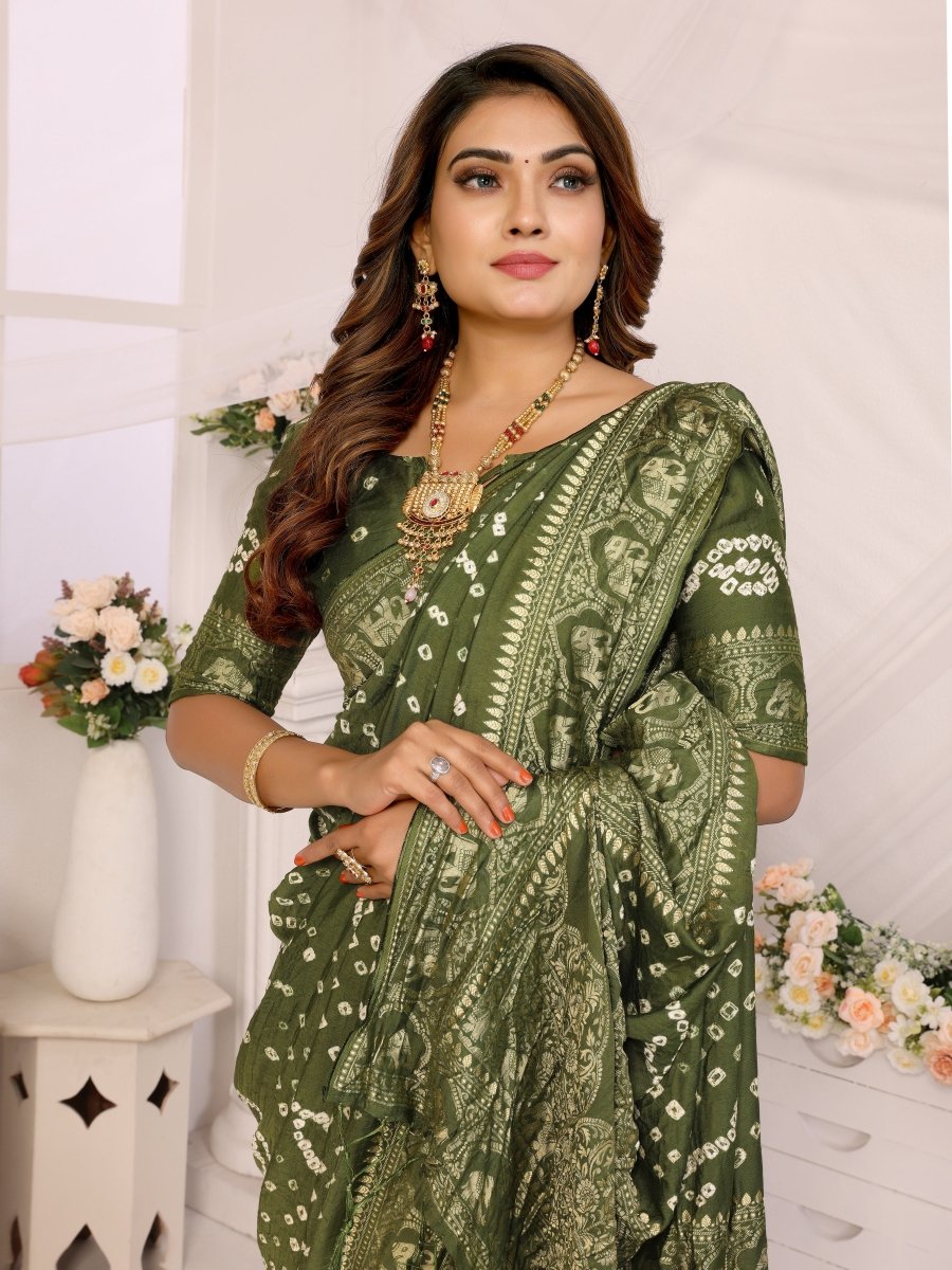 Olive Green Bandhani Saree with Zari Elephant Motifs & Mughal Floral Jaal - CLOHI