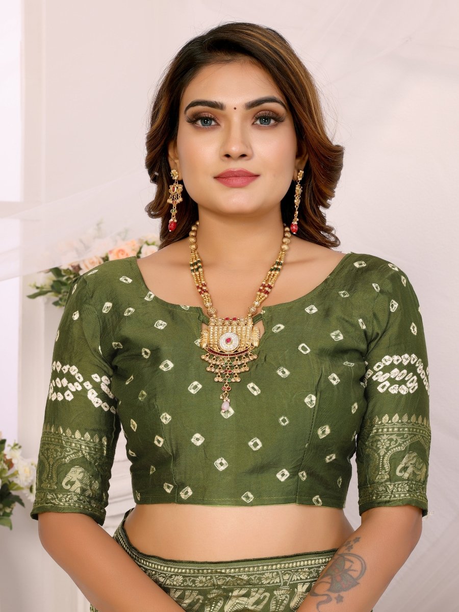 Olive Green Bandhani Saree with Zari Elephant Motifs & Mughal Floral Jaal - CLOHI