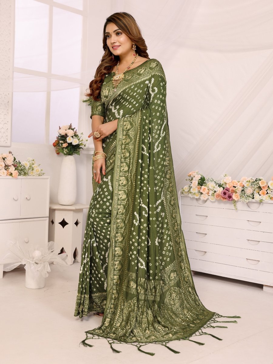 Olive Green Bandhani Saree with Zari Elephant Motifs & Mughal Floral Jaal - CLOHI