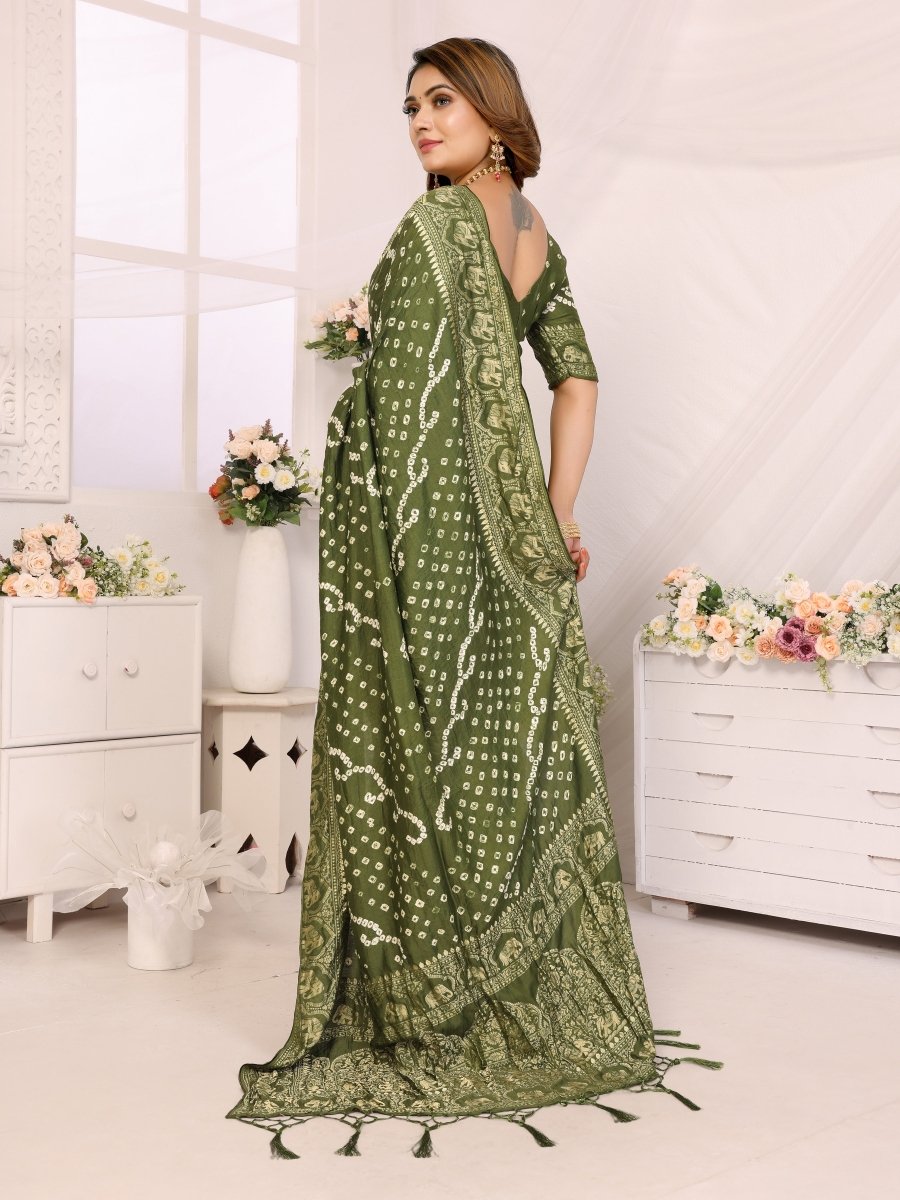Olive Green Bandhani Saree with Zari Elephant Motifs & Mughal Floral Jaal - CLOHI
