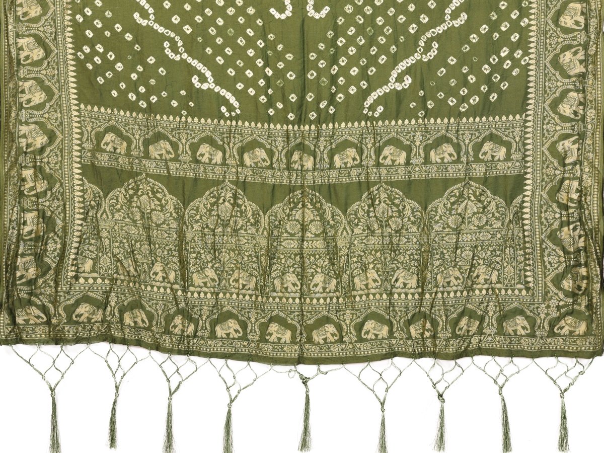 Olive Green Bandhani Saree with Zari Elephant Motifs & Mughal Floral Jaal - CLOHI