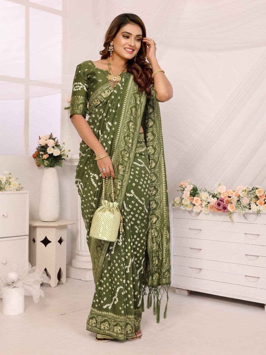 Olive Green Bandhani Saree with Zari Elephant Motifs & Mughal Floral Jaal - CLOHI